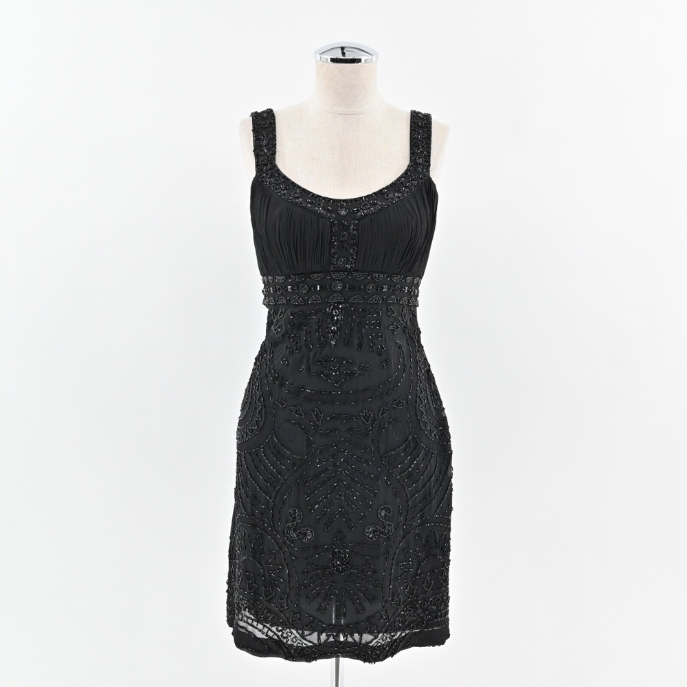 Vtg‎ Y2k SUE WONG Babydoll Dress Size 2 Black Silk Sequin Beaded Empire Waist